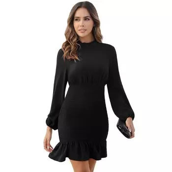 Женское мини-платье с рюшами на воротнике и длинными рукавами, облегающие короткие платья с высокой талией и рюшами по подолу Kojooin, черный