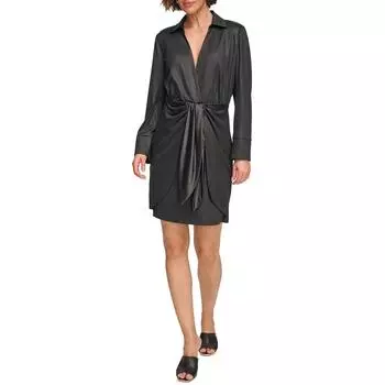 Женское мини-платье с V-образным вырезом и разрезом спереди DKNY, черный