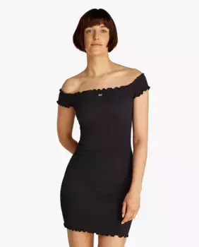 Женское мини-платье со сборками и воротником-стойкой Tommy Jeans, черный