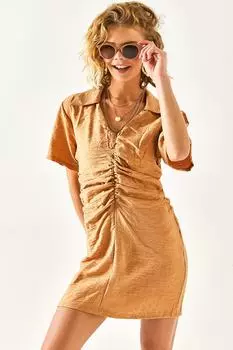 Женское мини-платье светло-коричневого цвета с воротником-поло и присборенной талией Olalook, бежевый
