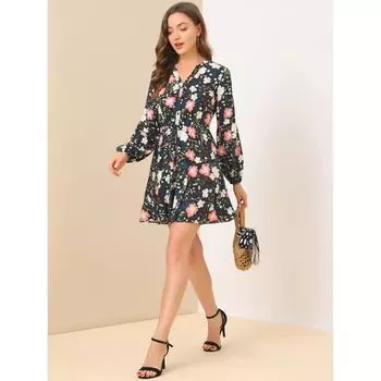 Женское мини-платье трапециевидной формы на пуговицах с v-образным вырезом и цветочным принтом ALLEGRA K
