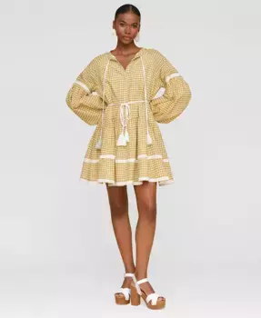 Женское мини-платье в стиле прерии с разрезом на горловине и принтом "лимон" из хлопка Avec Les Filles, желтый