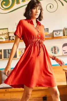 Женское мини-тканое платье с рубашечным воротником и 4 пуговицами на шнуровке Olalook, оранжевый