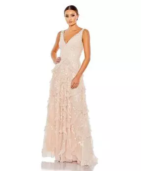 Женское многоярусное платье с V-образным вырезом, расшитое пайетками и фестонами Mac Duggal, розовый