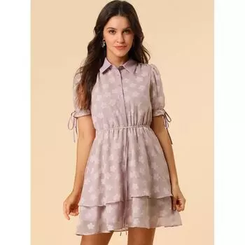 Женское многослойное платье с короткими рукавами и воротником на шнурке ALLEGRA K, белый