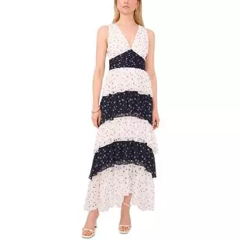 Женское многослойное шифоновое платье макси 1.State, цвет new ivory/dark indigo