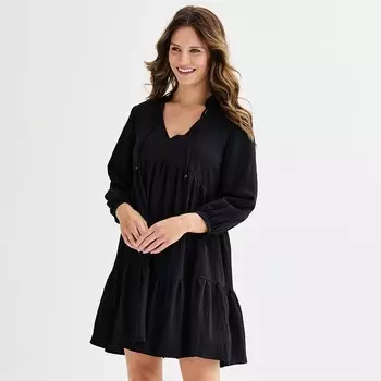 Женское многоуровневое мини-платье Ellen Tracy с v-образным вырезом и длинными рукавами, черный