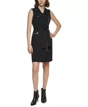Женское мото-платье-футляр без рукавов с поясом Calvin Klein, черный