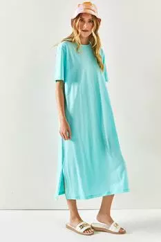 Женское мятно-зеленое хлопковое платье оверсайз с разрезами по бокам Olalook, бирюзовый