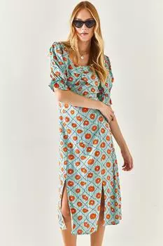 Женское мятно-зеленое платье из вискозы с воротником-сердечком и двойным разрезом Olalook, бирюзовый