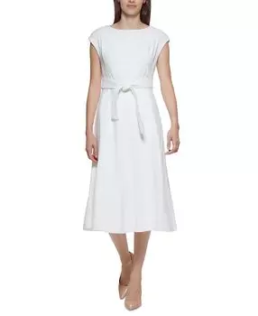Женское облегающее и расклешенное платье с поясом Calvin Klein, кремовый