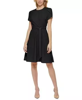 Женское облегающее и расклешенное платье с поясом и рукавами-тюльпанами Calvin Klein, черный