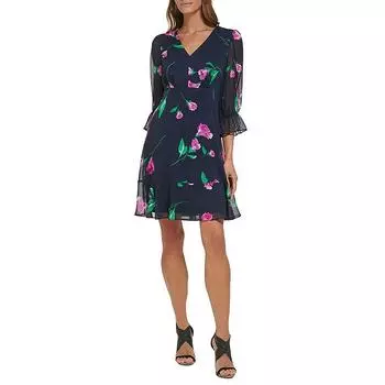 Женское облегающее мини-платье с V-образным вырезом и расклешенным кроем DKNY, темно-синий