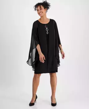 Женское облегающее платье-футляр с шифоновой накидкой и декоративным вырезом "ключ" Connected, черный