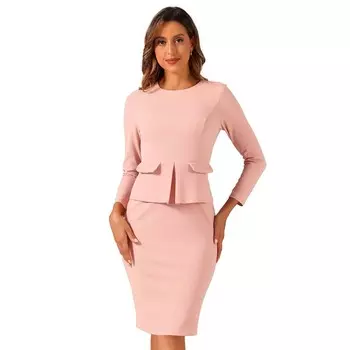 Женское облегающее платье-карандаш с круглым вырезом и рукавом 3/4, баска, одежда для работы, офисное платье-футляр ALLEGRA K, цвет Dusty Pink