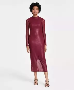 Женское облегающее платье миди из фольгированной сетки с воротником-стойкой Bar III, красный