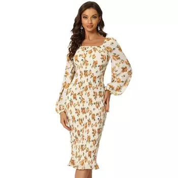 Женское облегающее платье с пышными рукавами и квадратным вырезом с рюшами и цветочным принтом ALLEGRA K, бежевый