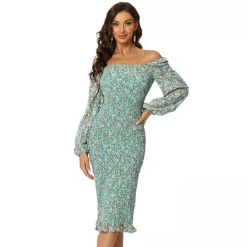 Женское облегающее платье с пышными рукавами и квадратным вырезом с рюшами и цветочным принтом ALLEGRA K, цвет Light Green
