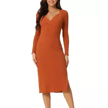 Женское облегающее вязаное платье-свитер миди с длинным рукавом и вырезом сердечком спереди с разрезом по бокам Seta T, цвет Brick Red