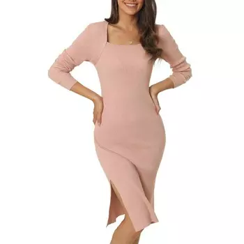 Женское облегающее вязаное платье-свитер миди с квадратным вырезом и длинными рукавами в рубчик Seta T, розовый