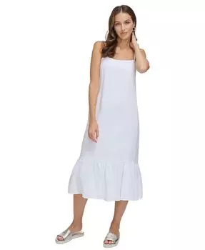 Женское однотонное льняное многоярусное платье миди без рукавов DKNY, белый