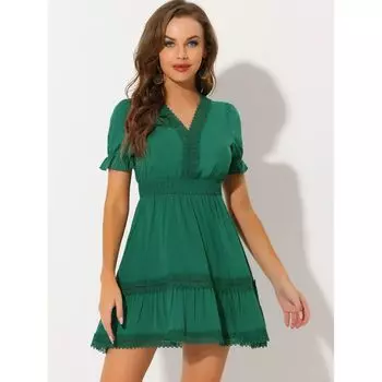 Женское однотонное мини-платье с V-образным вырезом и эластичной резинкой на талии с короткими рукавами ALLEGRA K, розовый