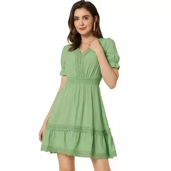 Женское однотонное мини-платье с V-образным вырезом и эластичной резинкой на талии с короткими рукавами ALLEGRA K, цвет Light Green