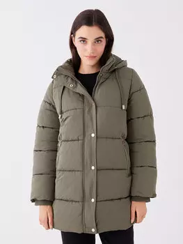 Женское однотонное пуховик с капюшоном LCW Casual, хаки
