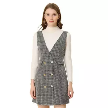 Женское офисное платье в клетку с V-образным вырезом и высокой талией на пуговицах ALLEGRA K, цвет Apricot