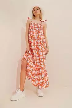 Женское оранжево-белое платье из поплина с цветочным узором и воланом на бретельках ALC-X8732 Trend Alaat Stili, оранжевый
