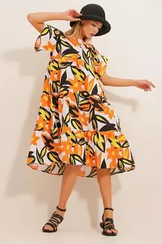 Женское оранжево-черное платье из поплина с круглым вырезом и воланами с цветочным узором Trend Alaat Stili, разноцветный