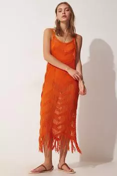 Женское оранжевое ажурное трикотажное платье с кисточками Happiness stanbul, оранжевый