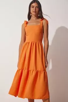 Женское оранжевое летнее платье из поплина на бретелях Happiness stanbul, оранжевый