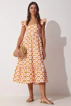 Женское оранжевое летнее платье с квадратным воротником и рюшами на рукавах Happiness stanbul, оранжевый