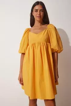 Женское оранжевое летнее поплиновое платье с воротником-сердечком Happiness stanbul, оранжевый