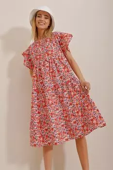 Женское оранжевое платье из поплина с круглым вырезом и воланами с цветочным узором Trend Alaat Stili, оранжевый