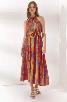 Женское оранжевое платье из висконовой ткани с воротником-халтером и поясом под зебру Olalook, разноцветный