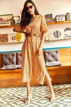 Женское оранжевое платье из висконовой ткани с короткими рукавами, эластичной резинкой на талии и разрезами по бокам Olalook, оранжевый