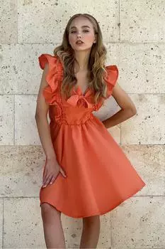 Женское оранжевое платье из жатого хлопка с воротником-стойкой и оборками ALC-X8881 Trend Alaat Stili, оранжевый