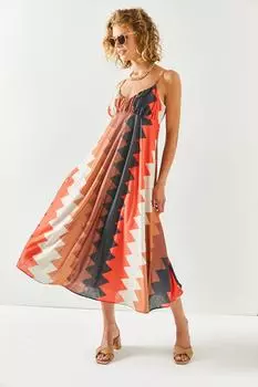 Женское оранжевое платье миди с рисунком на бретелях Olalook, оранжевый