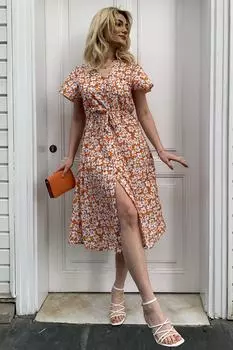 Женское оранжевое платье-рубашка с поясом и воротником-бабочкой с воротником-бабочкой Trend Alaat Stili, оранжевый