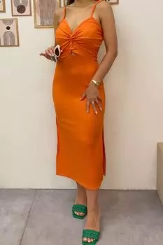 Женское оранжевое платье с драпировкой спереди и завязками с двойным разрезом и бретелями Trend Alaat Stili, оранжевый
