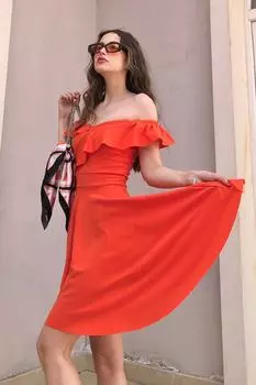 Женское оранжевое платье с рюшами спереди и на плечах, плиссированное платье с регулируемыми бретелями Trend Alaat Stili, оранжевый