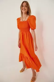 Женское оранжевое расклешенное платье из поплина с воланами Happiness stanbul, оранжевый