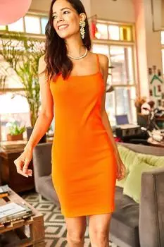 Женское оранжевое трикотажное платье из лайкры на веревочных бретелях Olalook, оранжевый