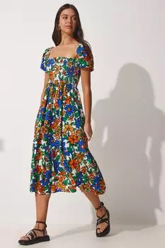 Женское оранжевое вискозное платье с цветочным узором Happiness stanbul, разноцветный