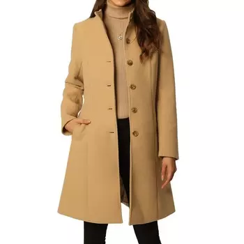 Женское осенне-зимнее шерстяное пальто на пуговицах с застежкой спереди и воротником-стойкой с карманами Seta T, цвет Khaki