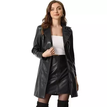 Женское пальто из искусственной кожи с зубчатым воротником и лацканами на пуговицах, верхняя одежда из искусственной кожи в стиле стимпанк ALLEGRA K, черный