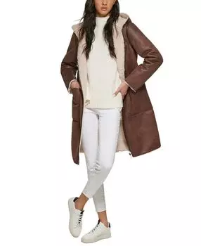 Женское пальто из искусственной овчины с капюшоном DKNY, коричневый