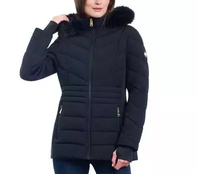 Женское пальто с капюшоном из искусственного меха с шевронным узором черного цвета Michael Kors